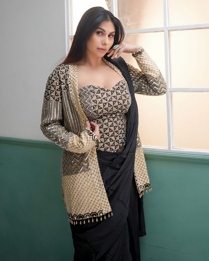 Tanya Chatterjee in Black Pre Drape Saree with Bralette and Cape Jacket