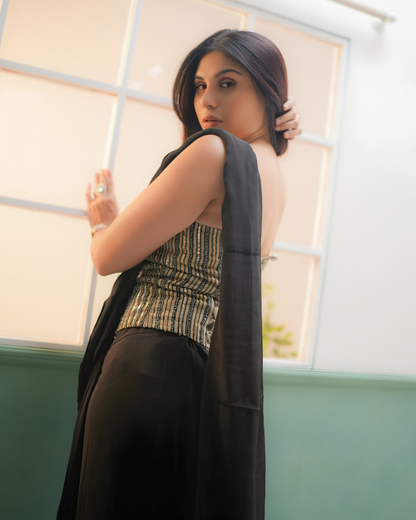 Tanya Chatterjee in Black Pre Drape Saree with Bralette and Cape Jacket