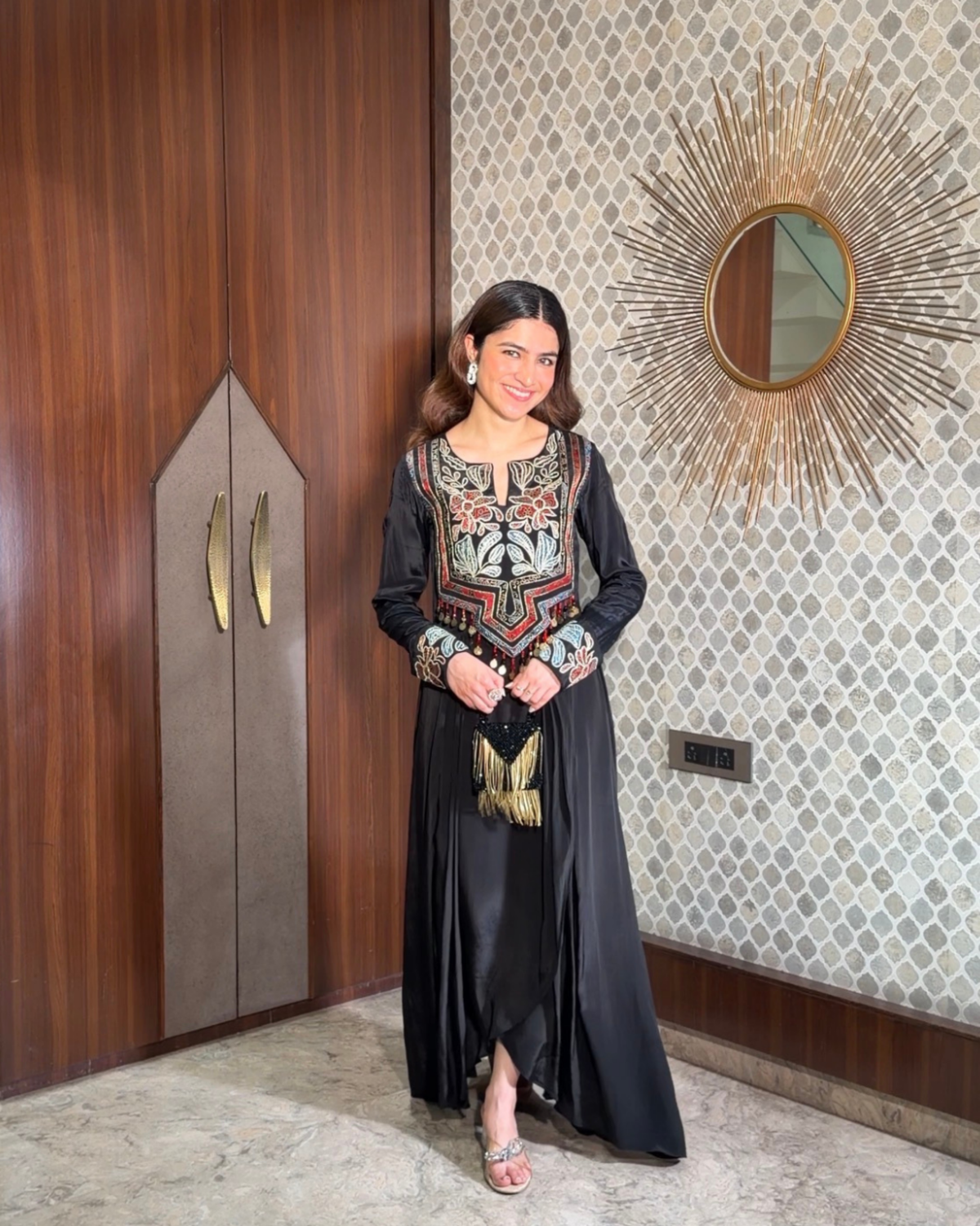 Tanya Khubchandani in Black Ajrakh Embroidered Drape Tunic Dress