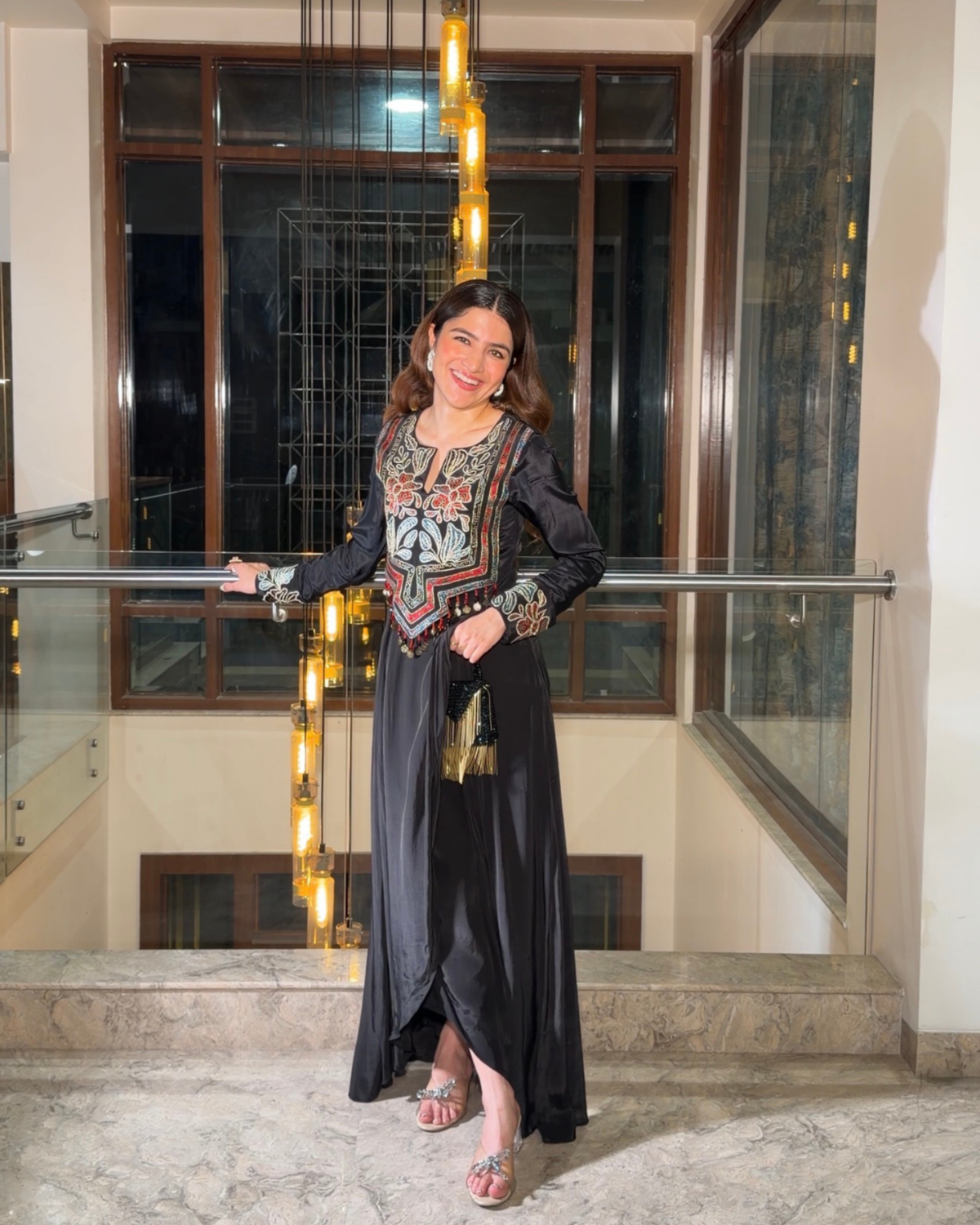Tanya Khubchandani in Black Ajrakh Embroidered Drape Tunic Dress