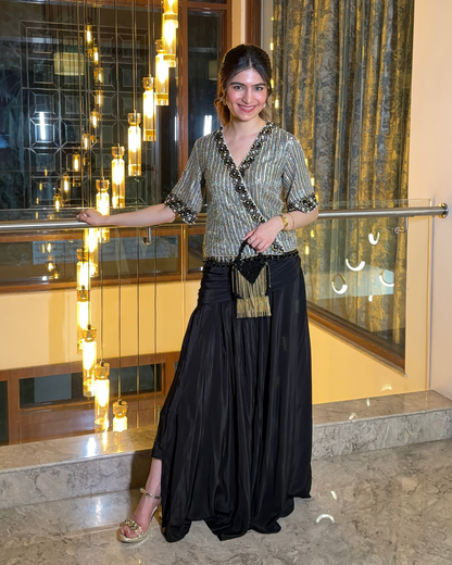 Tanya Khubchandani in Shimmer Tissue Embroider Top with Drape Skirt