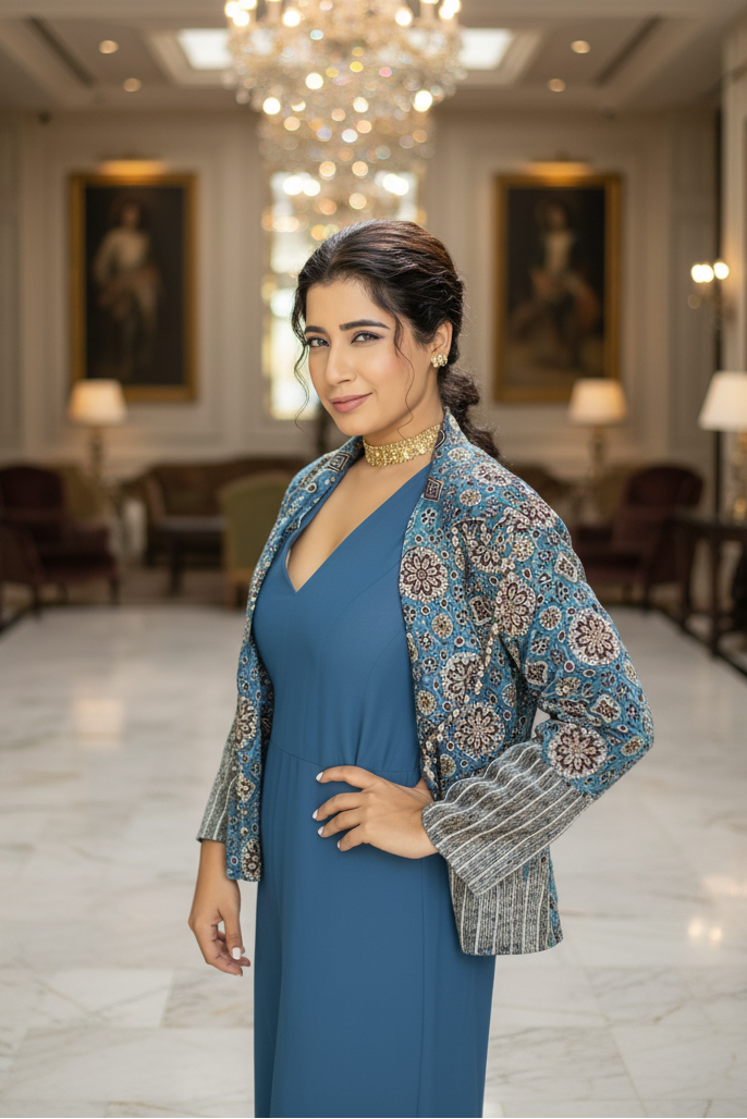 A Tanya Narang posing in a blue V-neck dress and a patterned blue shawl with silver beaded cuffs, standing in a modern room.