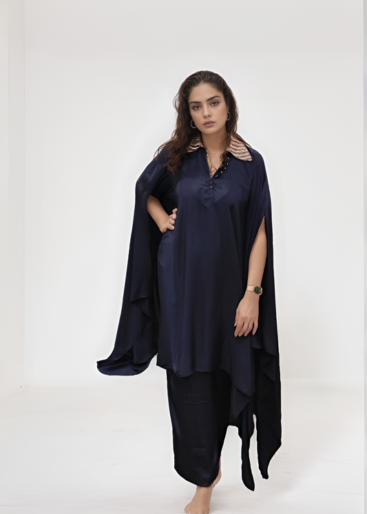 Blue ajrakh embroidered kaftan and pants set