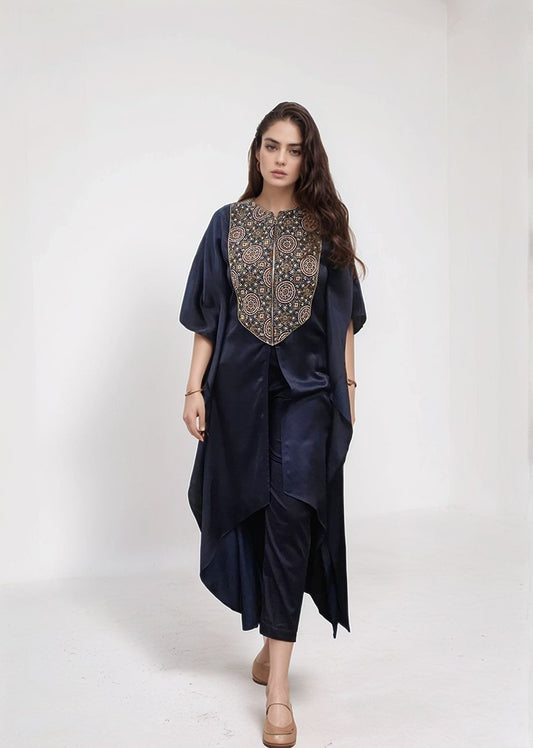 Deep blue ajrakh embellished kaftan set