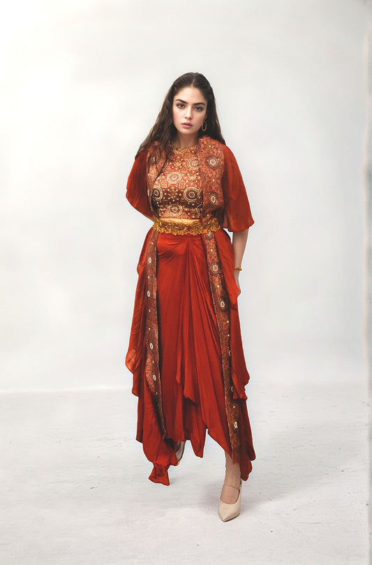 Red Ajrakh embroidered blouse, dhoti and ruffle dupatta set
