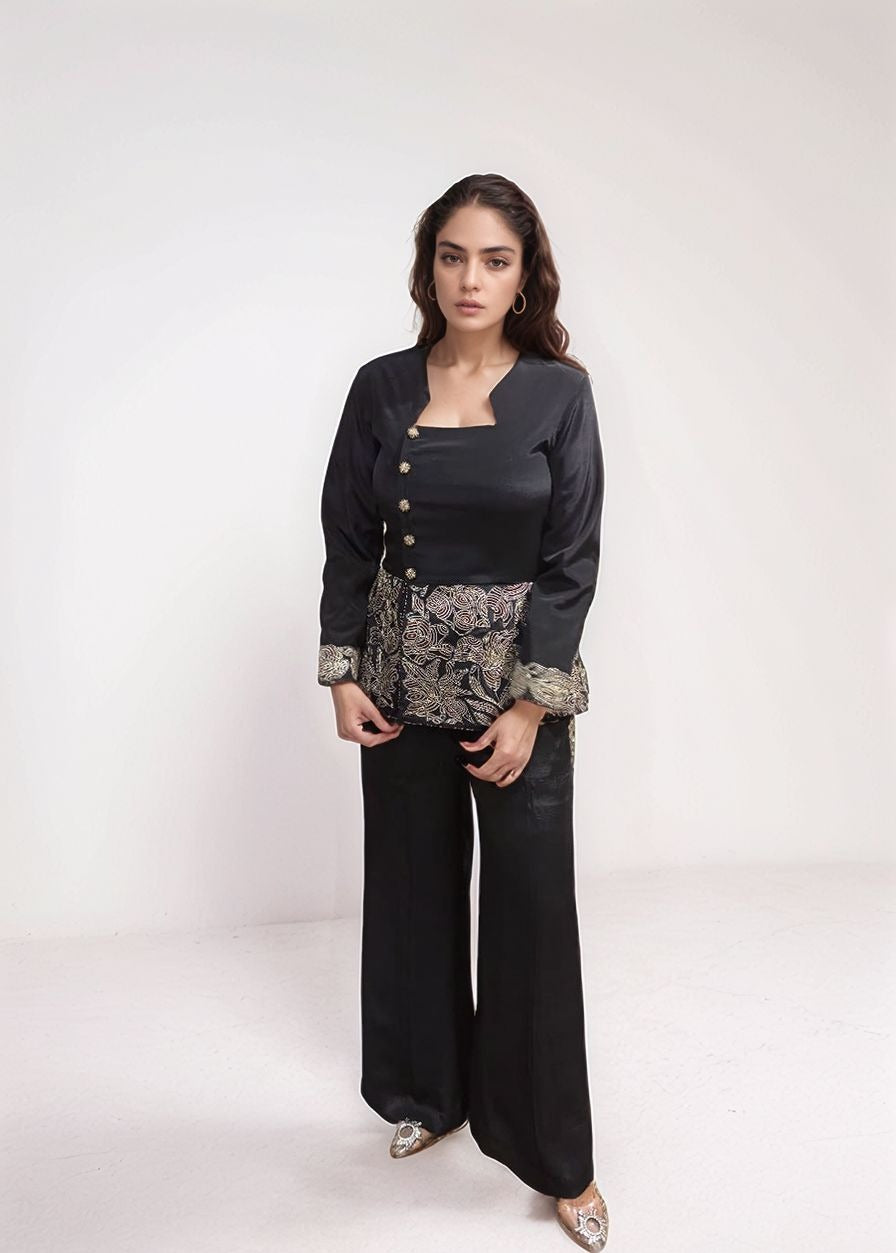 Black peplum top and pant set