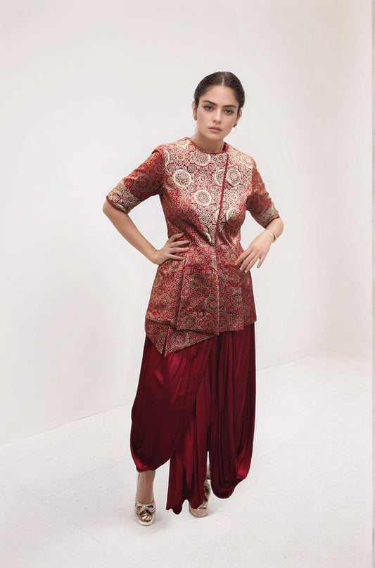 embellished red jacket and dhoti set