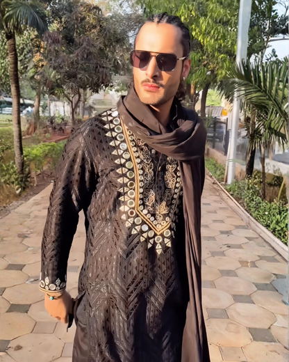 Umar Riaz in Black Embroidered Kurta Set with Mirror Work