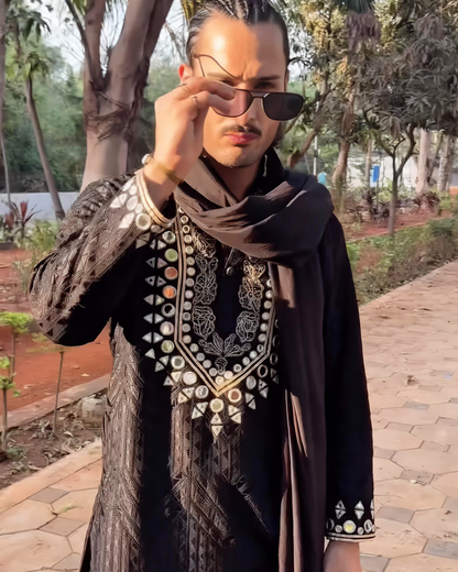 Umar Riaz in Black Embroidered Kurta Set with Mirror Work