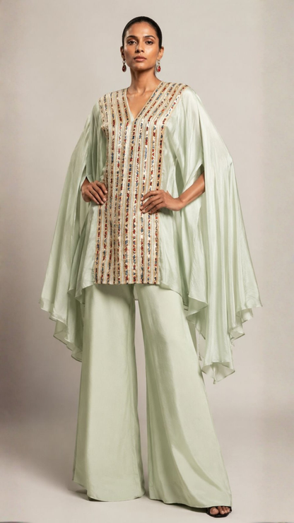 Mint Green Embroidered Cape Co-Ord Set