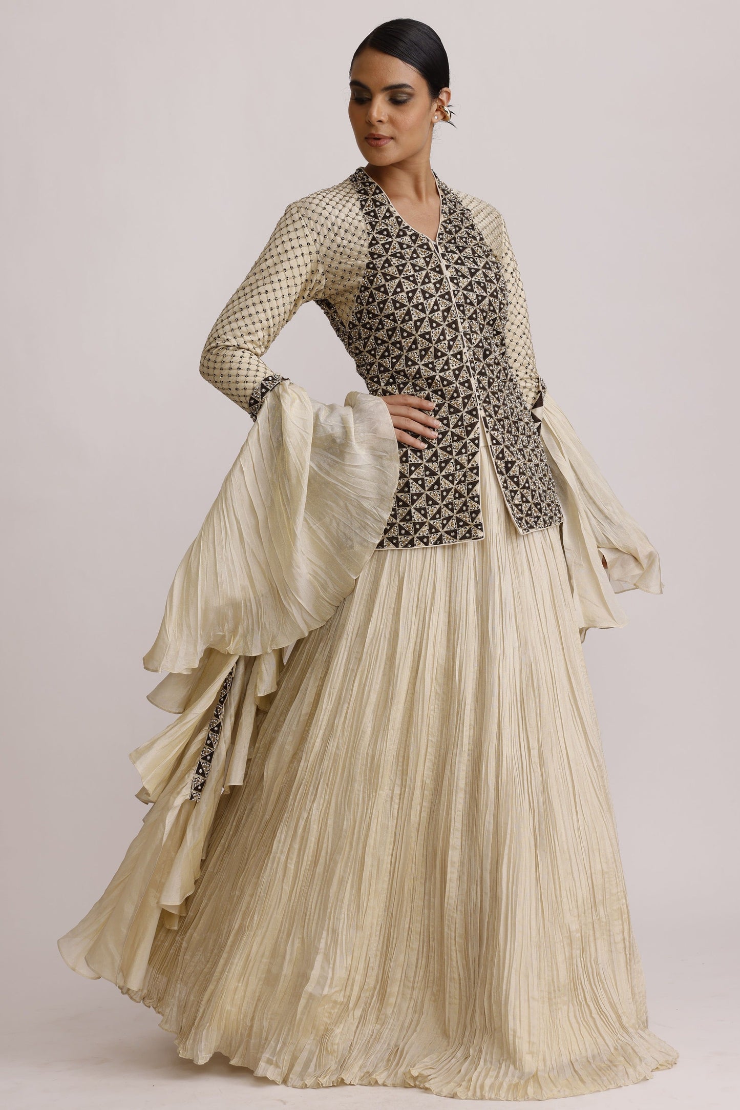 Ivory Ajrakh Jacket with Crush Skirt and Frill Dupatta