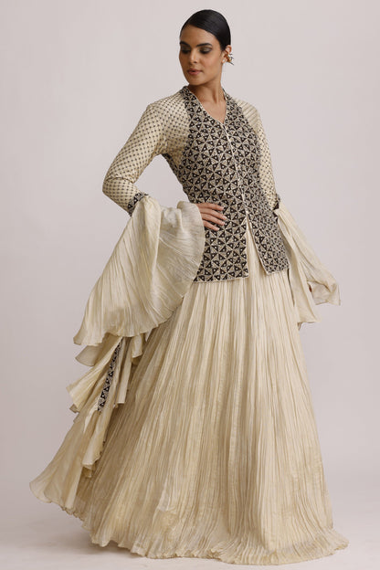 Ivory Ajrakh Jacket with Crush Skirt and Frill Dupatta