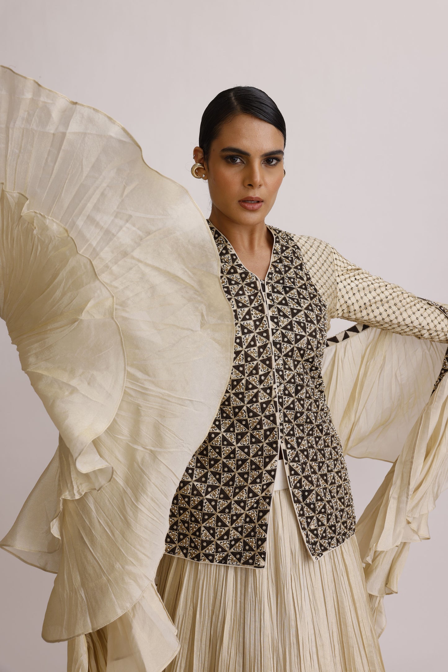 Ivory Ajrakh Jacket with Crush Skirt and Frill Dupatta