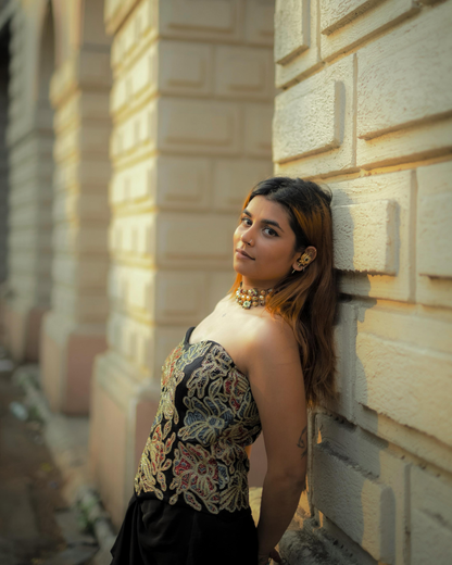 Vidhi Kothari in Black Ajrakh Patchwork Corset and Dhoti Set (Copy)