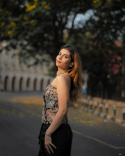 Vidhi Kothari in Black Ajrakh Patchwork Corset and Dhoti Set (Copy)