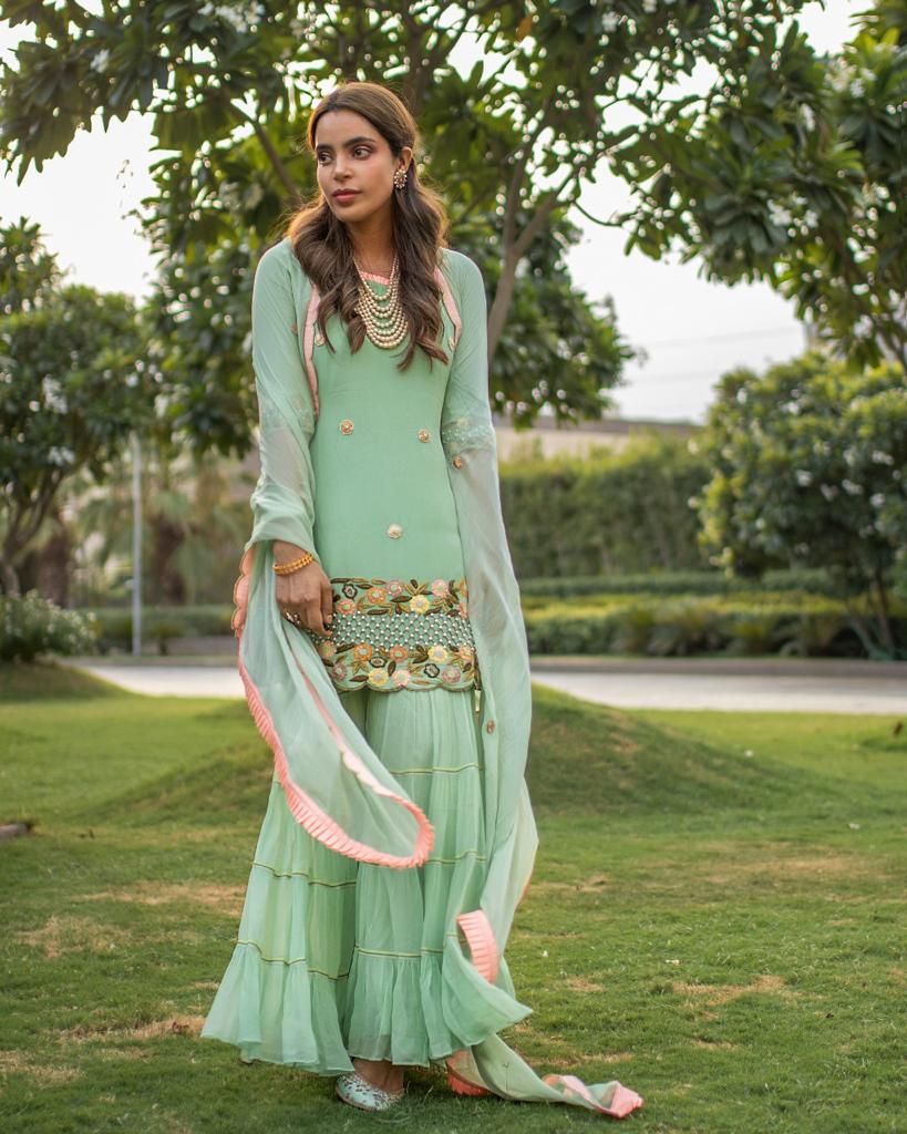 Sheena Sherwani in Green Embroidered Gharara Set