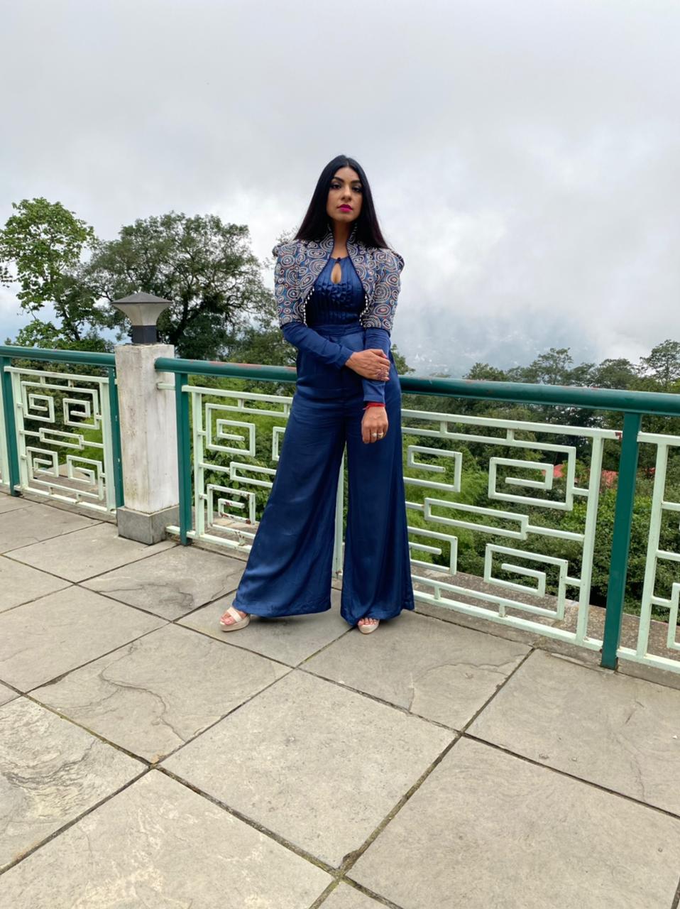 Himani Kapoor in Blue Jumpsuit with Embellished Ajrakh jacket