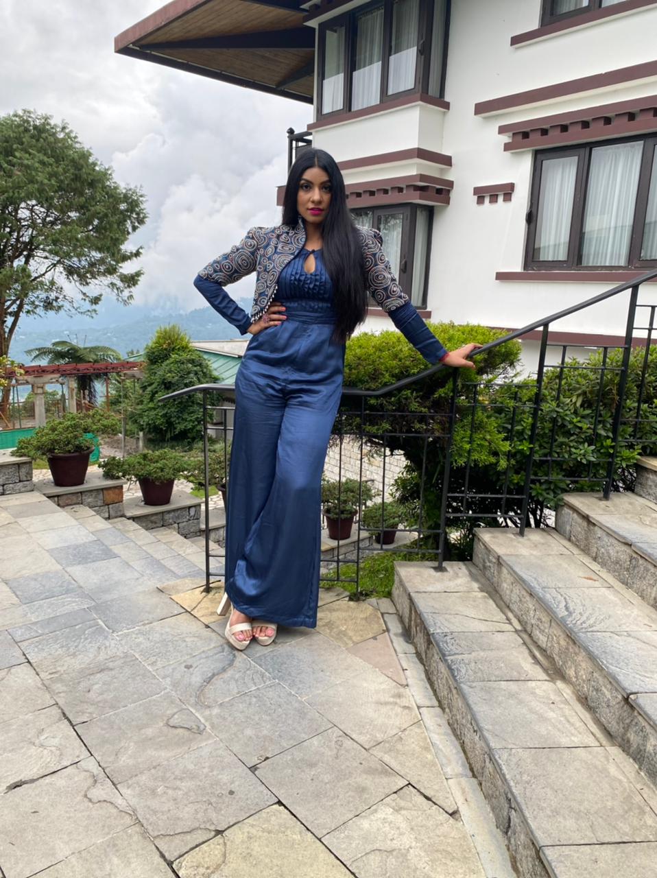 Himani Kapoor in Blue Jumpsuit with Embellished Ajrakh jacket