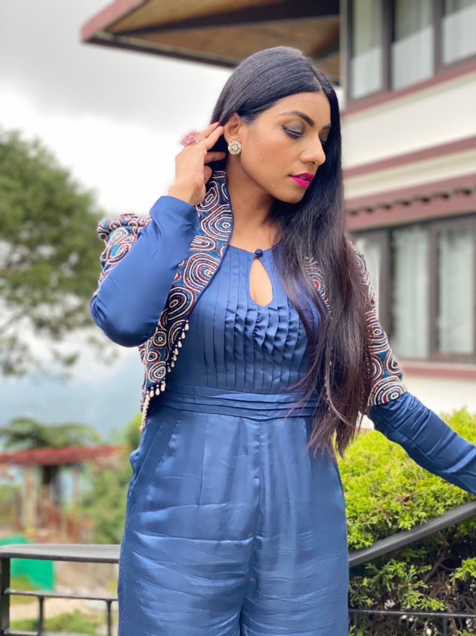 Himani Kapoor in Blue Jumpsuit with Embellished Ajrakh jacket