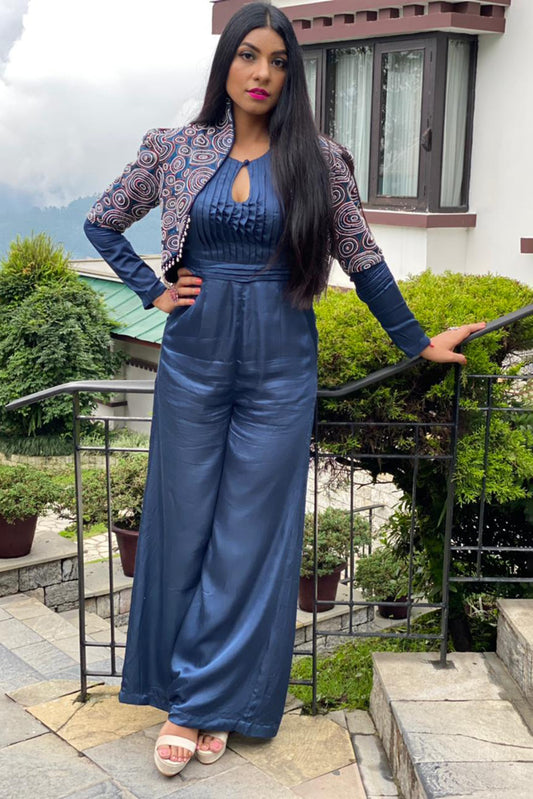 Himani Kapoor in Blue Jumpsuit with Embellished Ajrakh jacket