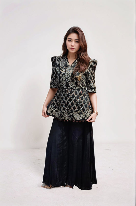 Black jacket with ajrakh patchwork paired with flare pant