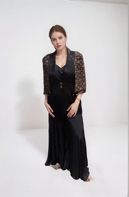 Black blazer set with bralette and flare pants