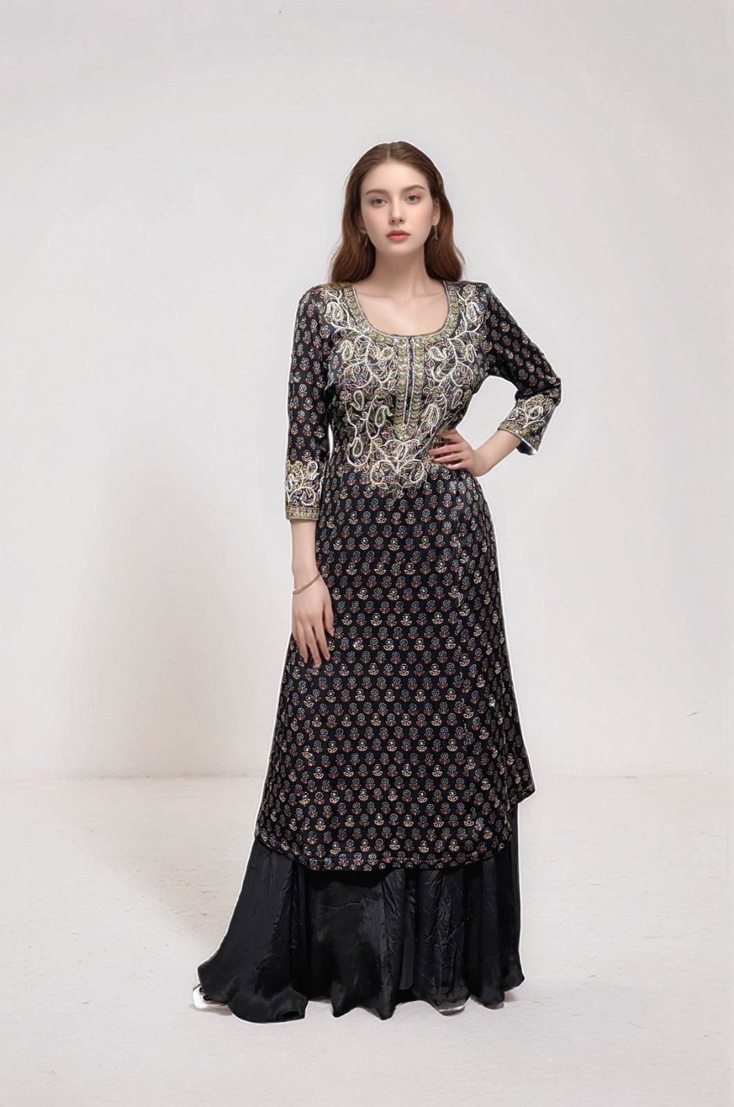 Black ajrakh emblished kurta with falre pants