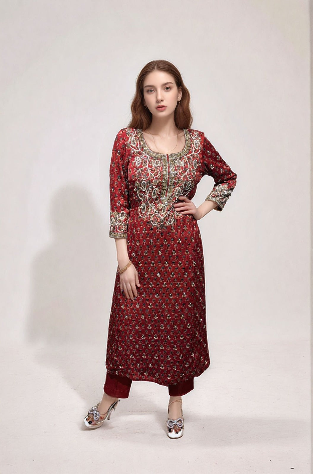Red ajrakh embroided kurta with pants