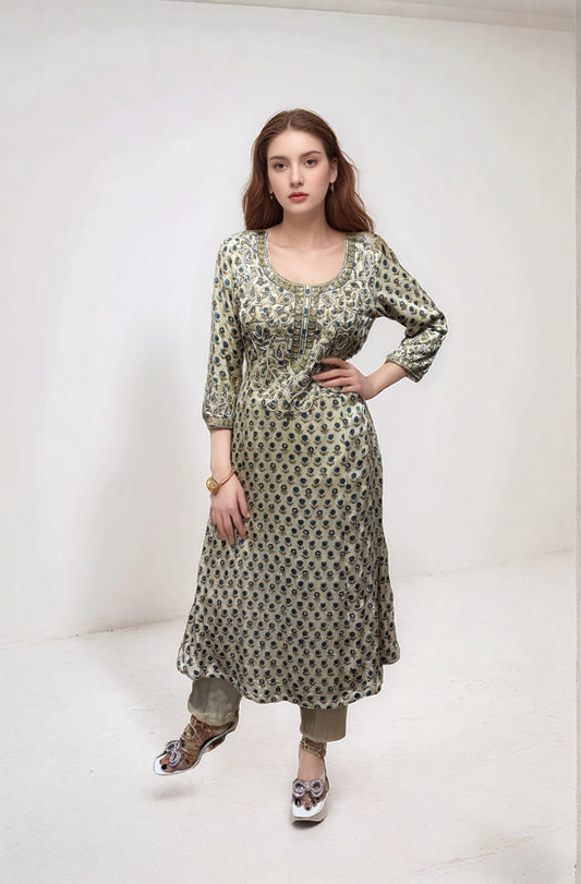 Beige ajrakh kurta with pant and dupatta