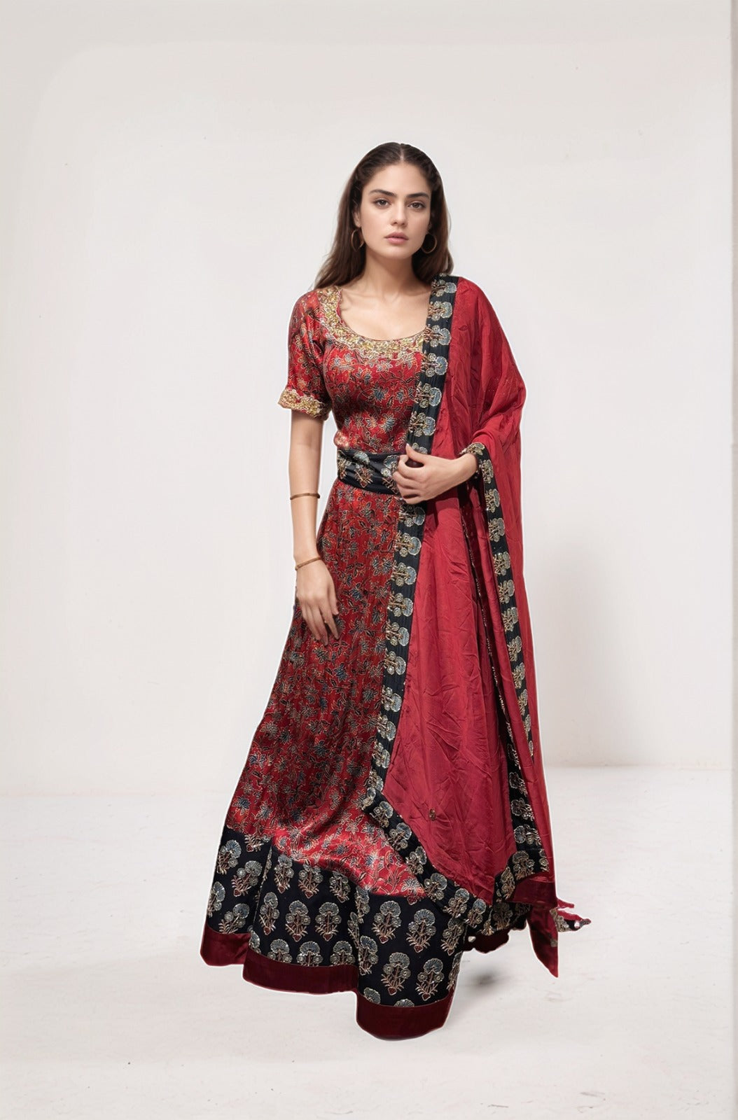Red ajrakh anarkali with dupatta