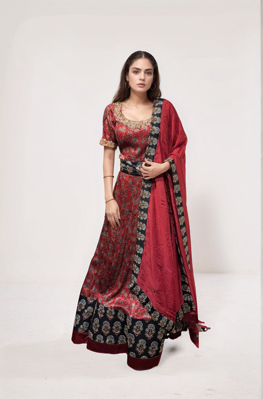 Red ajrakh anarkali with dupatta