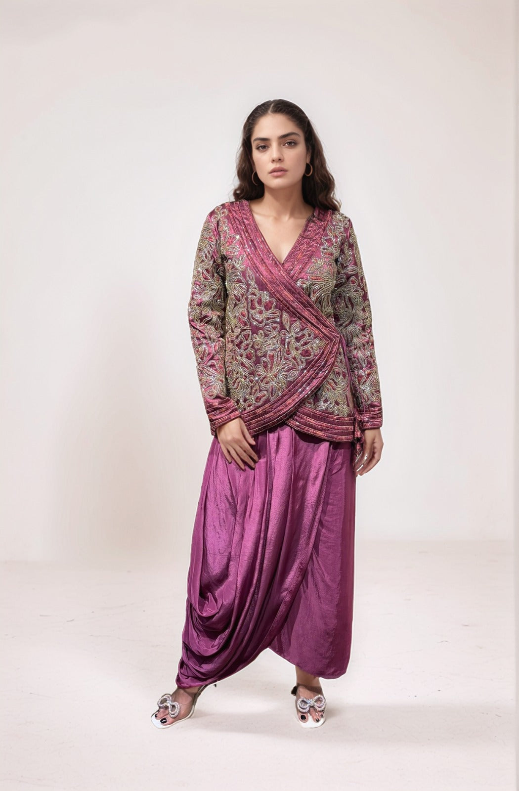 Purple angrakha jacket with drape skirt