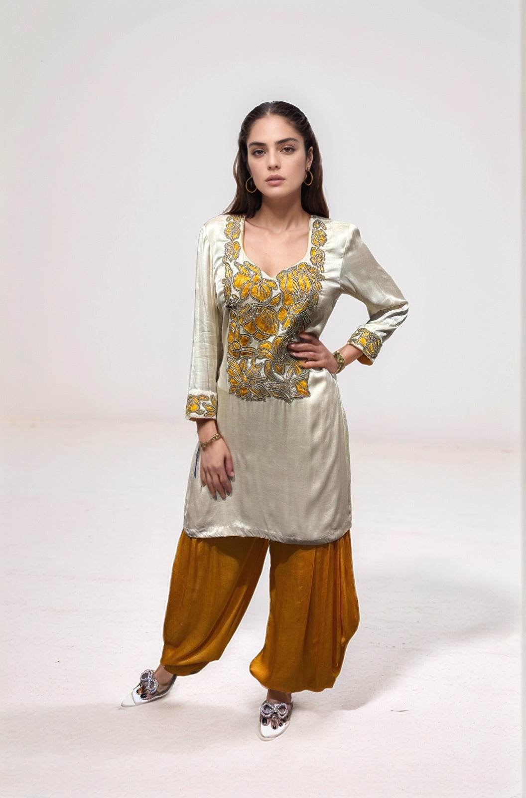 Ivory kurta with yellow dhoti pants