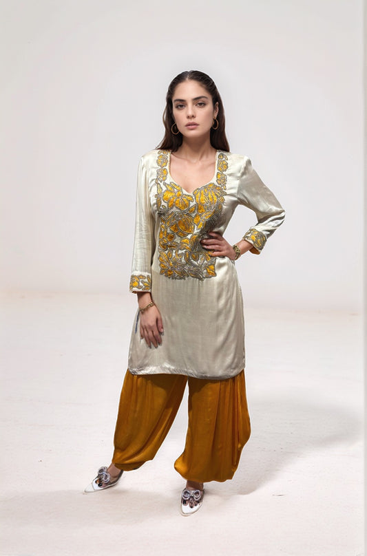 Ivory kurta with yellow dhoti pants