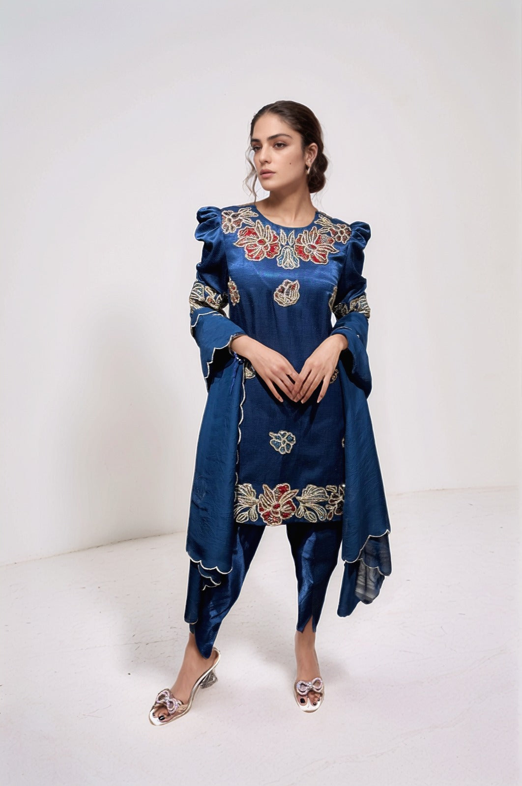 Coblat blue ajrakh patchwork kurta with tulip pants and dupatta