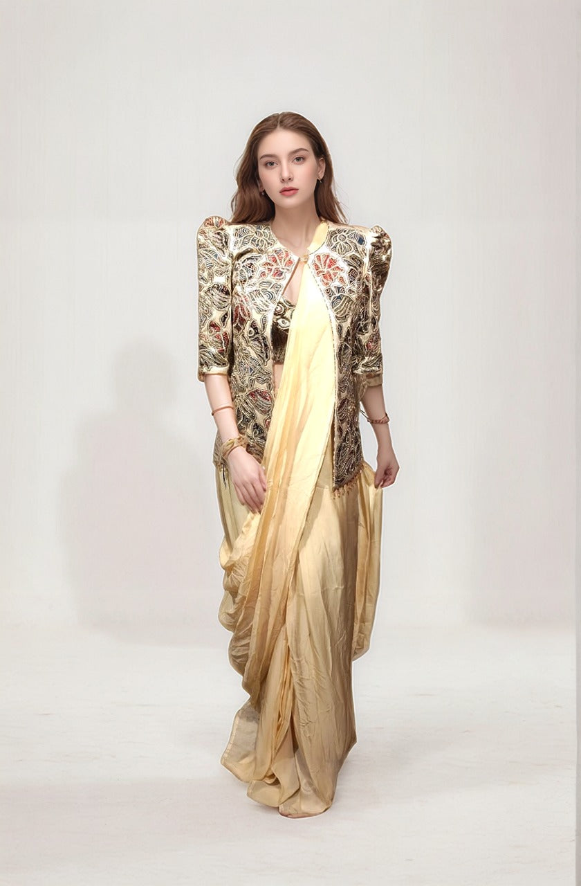 Ajrakh emblished jacket with drape saree and bralette