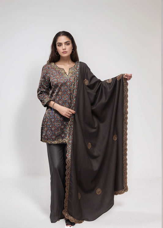 Black ajrakh kurti with flare pants and dupatta