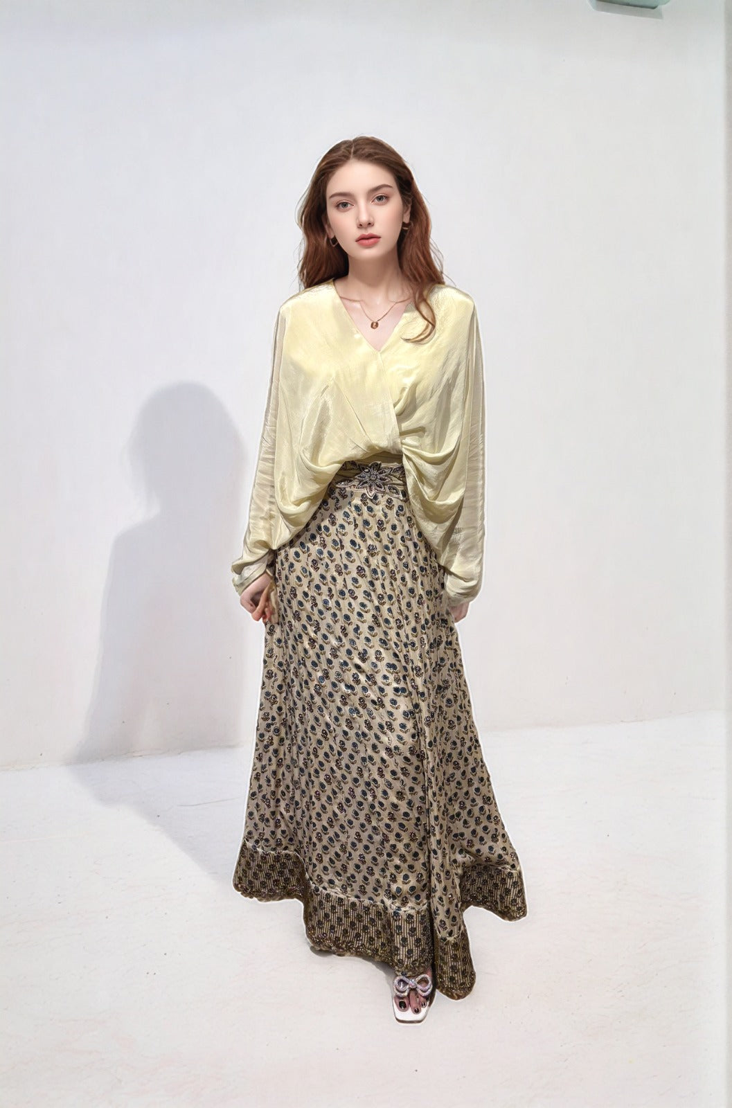 Beige drape ajrakh gown