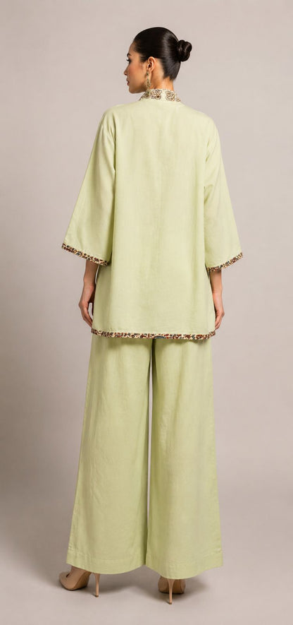 Pistachio Green Embroidered Kurta with Wide-Leg Pants Co-ord Set