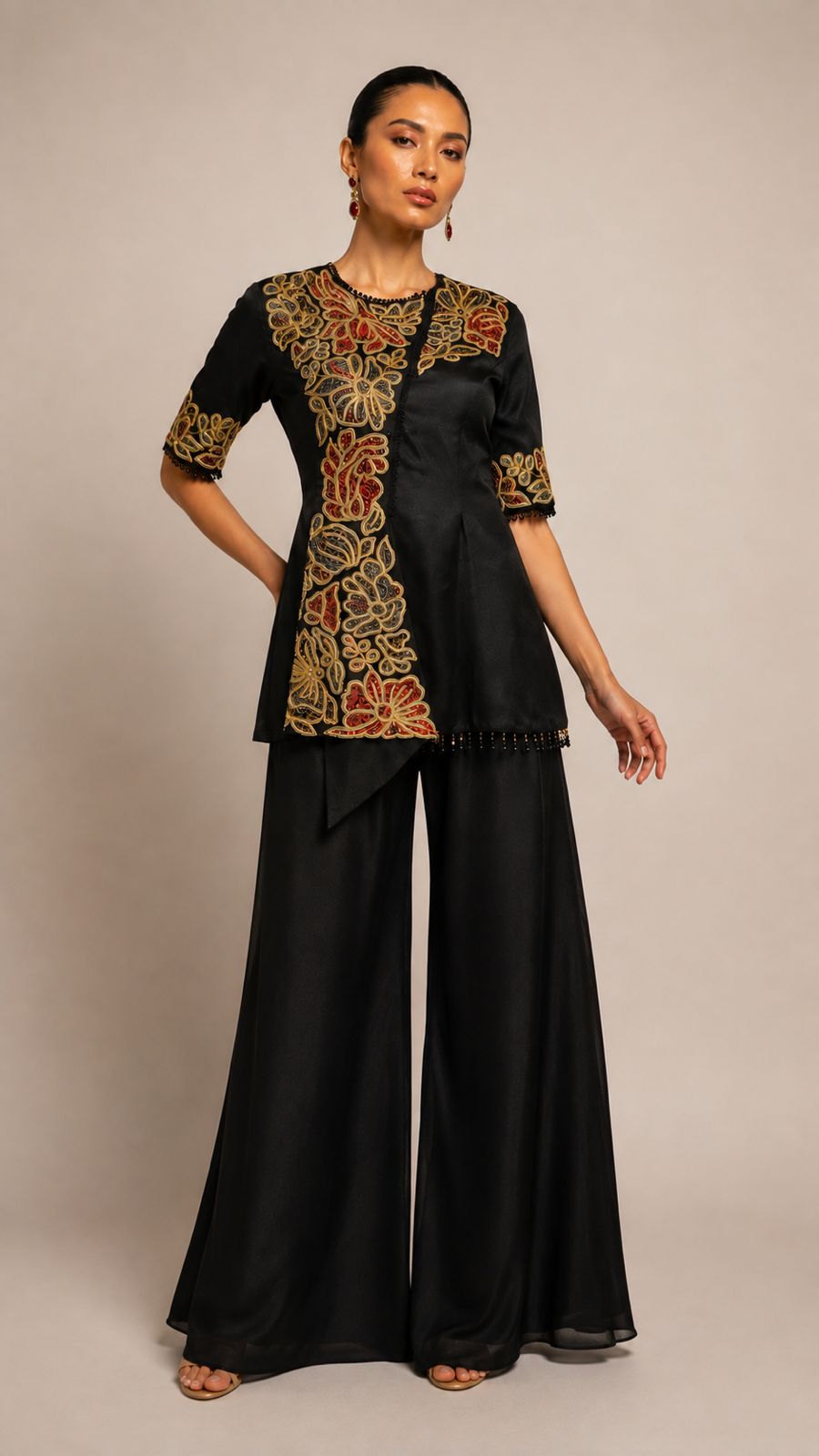Black Floral Embroidered Co-Ord Set
