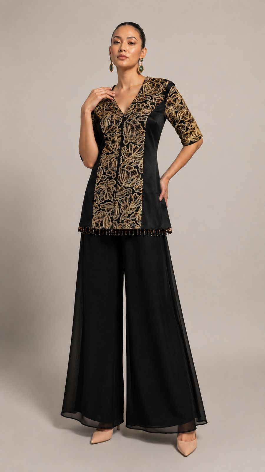 Black Embroidered Peplum Co-Ord Set