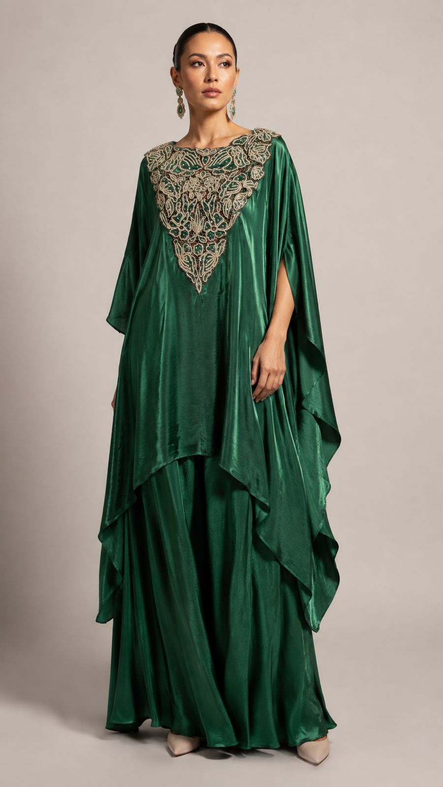 Emerald Green Embroidered Kaftan Co-ord Set