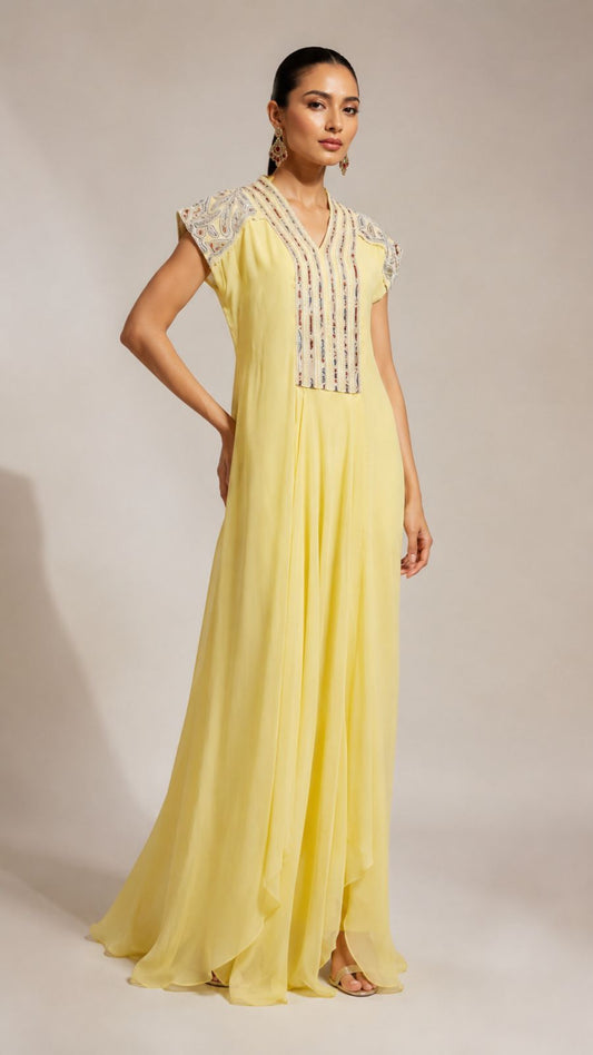 Butter Yellow Embroidered Flared Maxi Dress