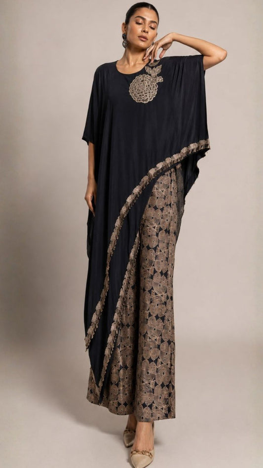 Midnight Black Embroidered Kaftan Co-Ord Set