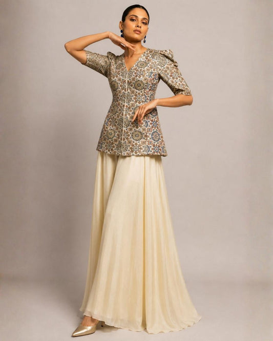 Ivory Mosaic Printed Peplum Co-ord Set