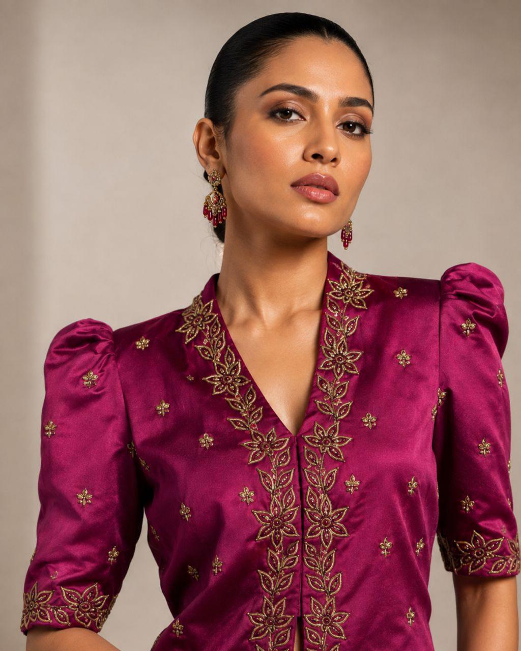 Magenta Embroidered Peplum Co-Ord Set