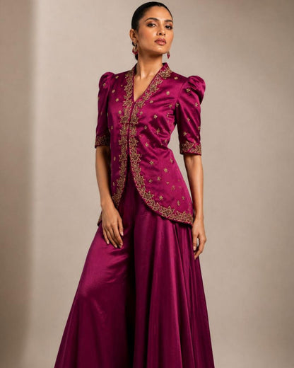 Magenta Embroidered Peplum Co-Ord Set