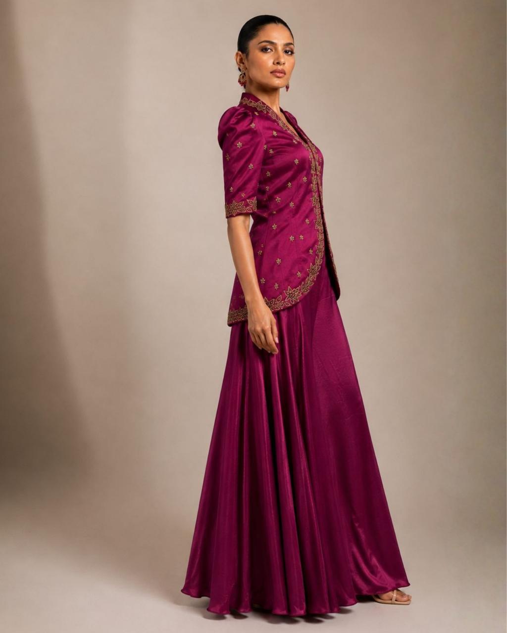 Magenta Embroidered Peplum Co-Ord Set