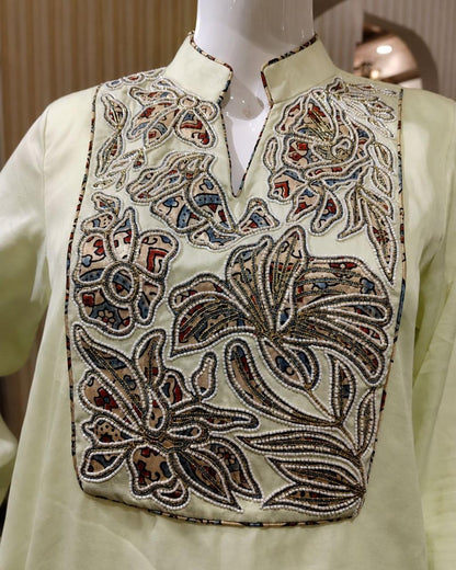 Pistachio Green Embroidered Kurta with Wide-Leg Pants Co-ord Set