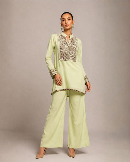 Pistachio Green Embroidered Kurta with Wide-Leg Pants Co-ord Set